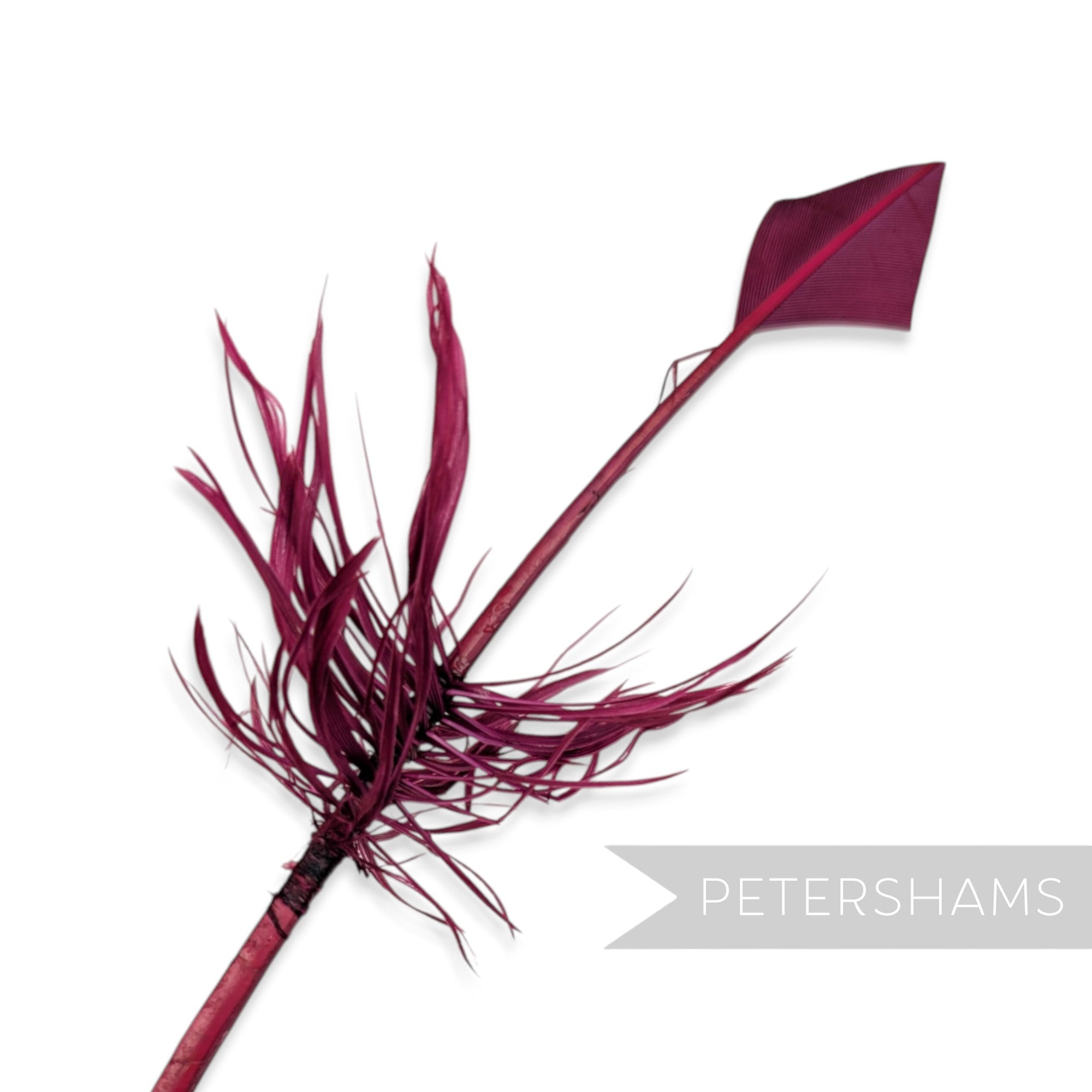 Petershams Millinery Supplies burgundy turkey quill feather cut into an arrowhead shape with decorative barbed accents