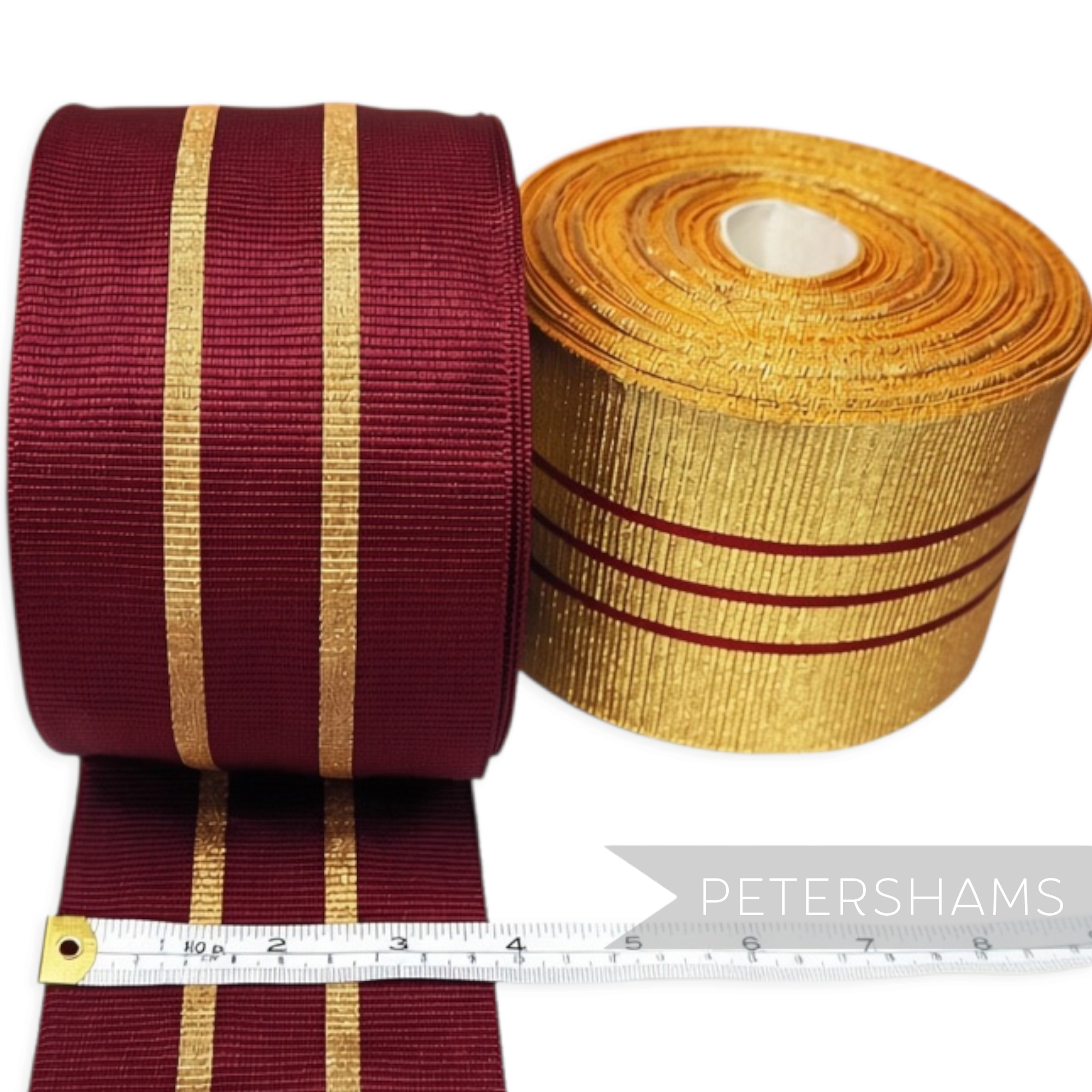 Petershams Millinery Supplies vintage 95mm wide burgundy and metallic gold woven ribbon for regalia and crafts