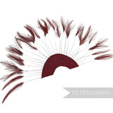 Petershams Millinery Supplies mahogany stripped hackle feather fan on a cotton base for hat and fascinator trimming.