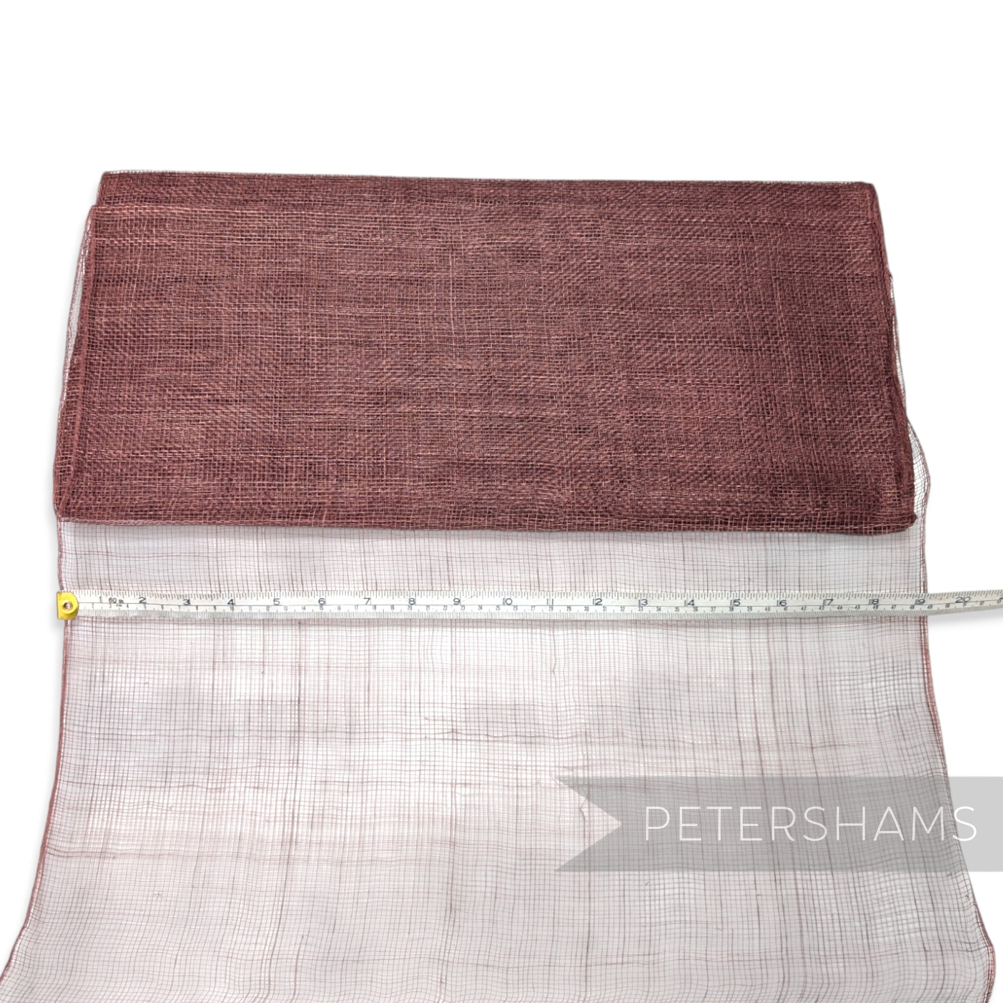 Petershams Millinery Supplies open weave sinamay fabric in a deep plum shade, measuring 48cm wide for hat making.