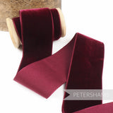 Petershams Millinery Supplies 50mm wide deep burgundy French velvet ribbon on a wooden spool for craft projects