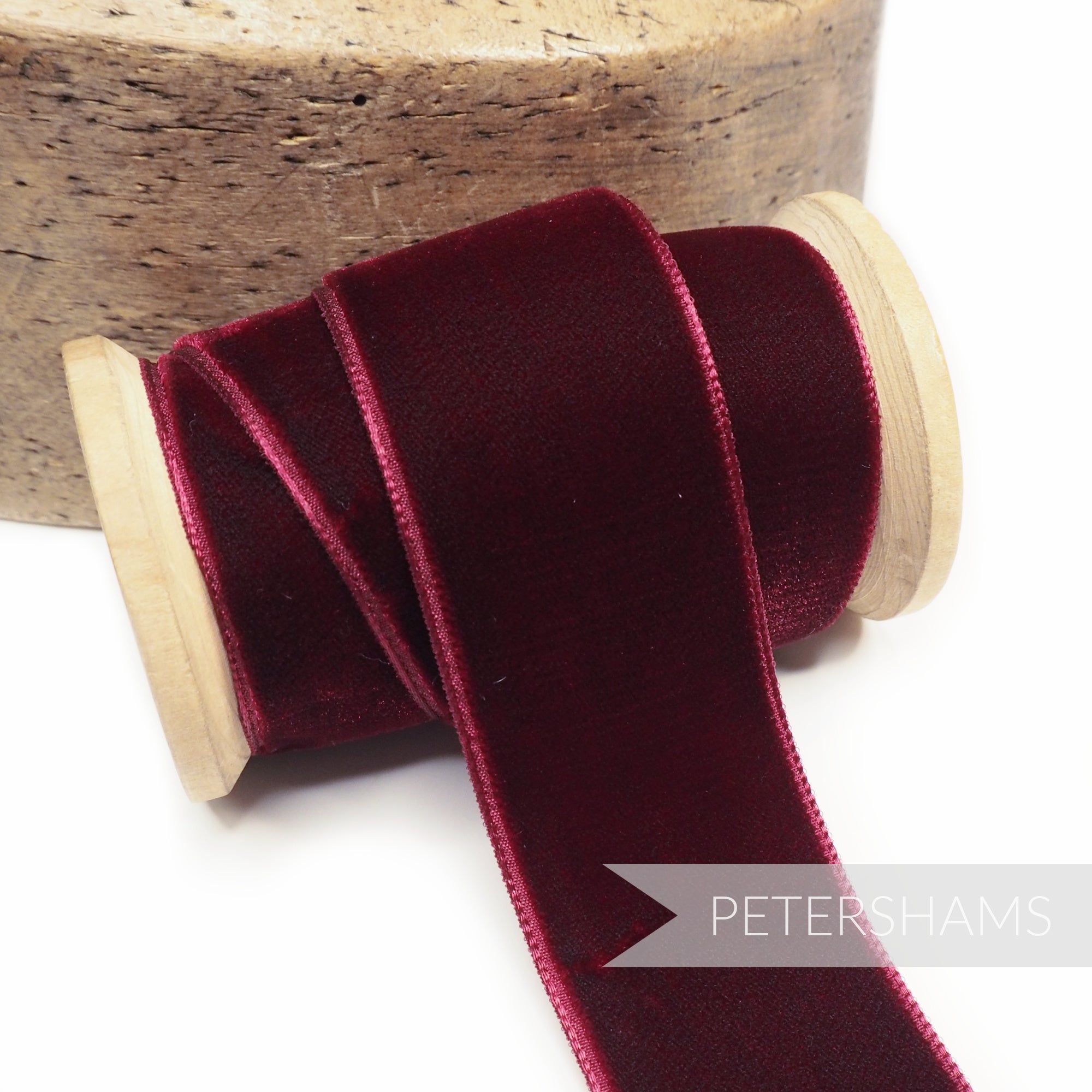 Petershams Millinery Supplies 36mm deep red French velvet ribbon on a wooden spool for craft and millinery projects
