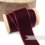 Petershams Millinery Supplies 36mm deep red French velvet ribbon on a wooden spool for craft and millinery projects
