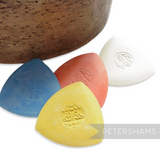 Petershams Millinery Supplies Butterfly brand triangular tailors chalk in yellow, red, blue, and white colors.