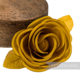Petershams Millinery Supplies Carmel gold yellow silk rose flower hat mount with wired leaves and stem