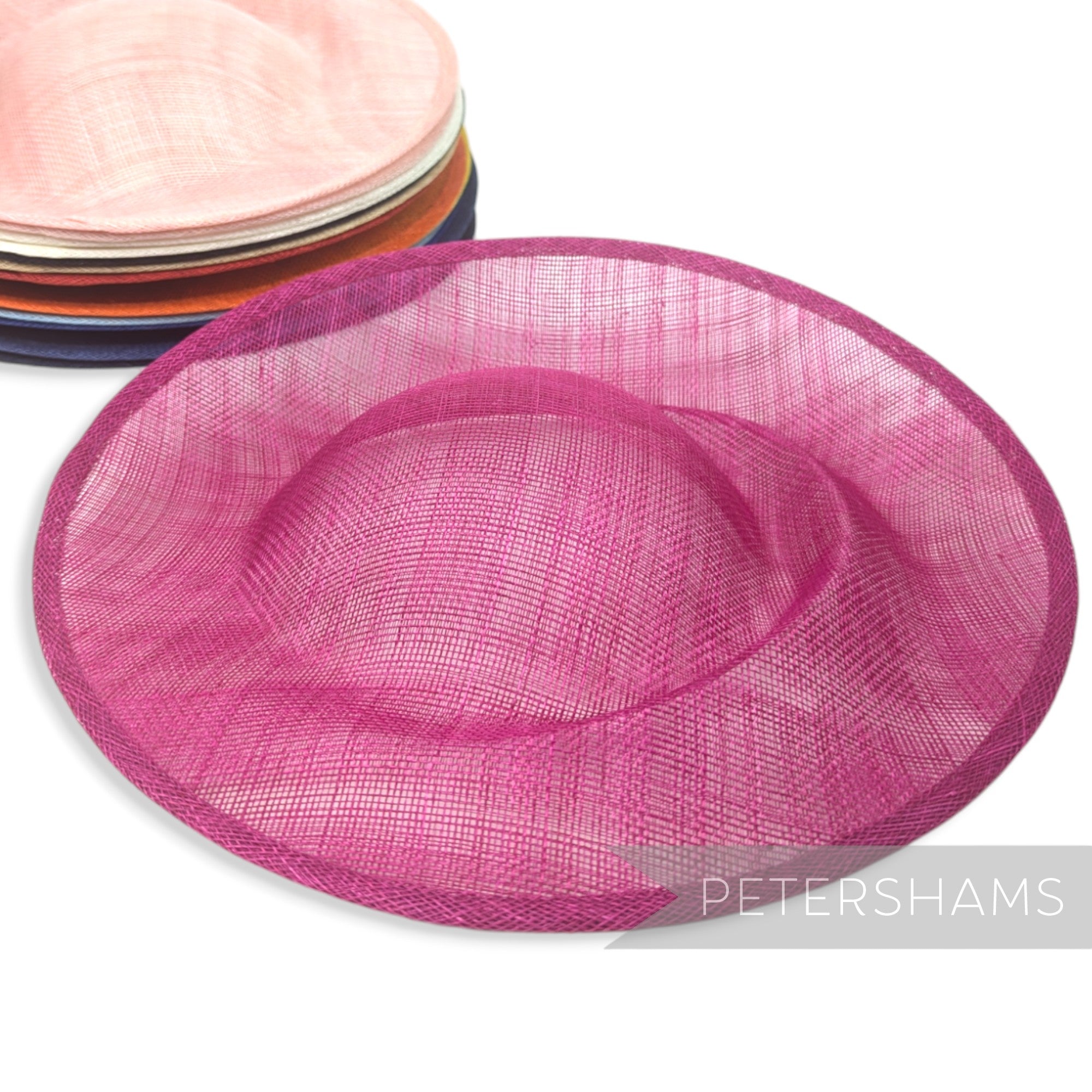 Petershams Millinery Supplies cerise sinamay fascinator base with orbital pleat design and upturned edge