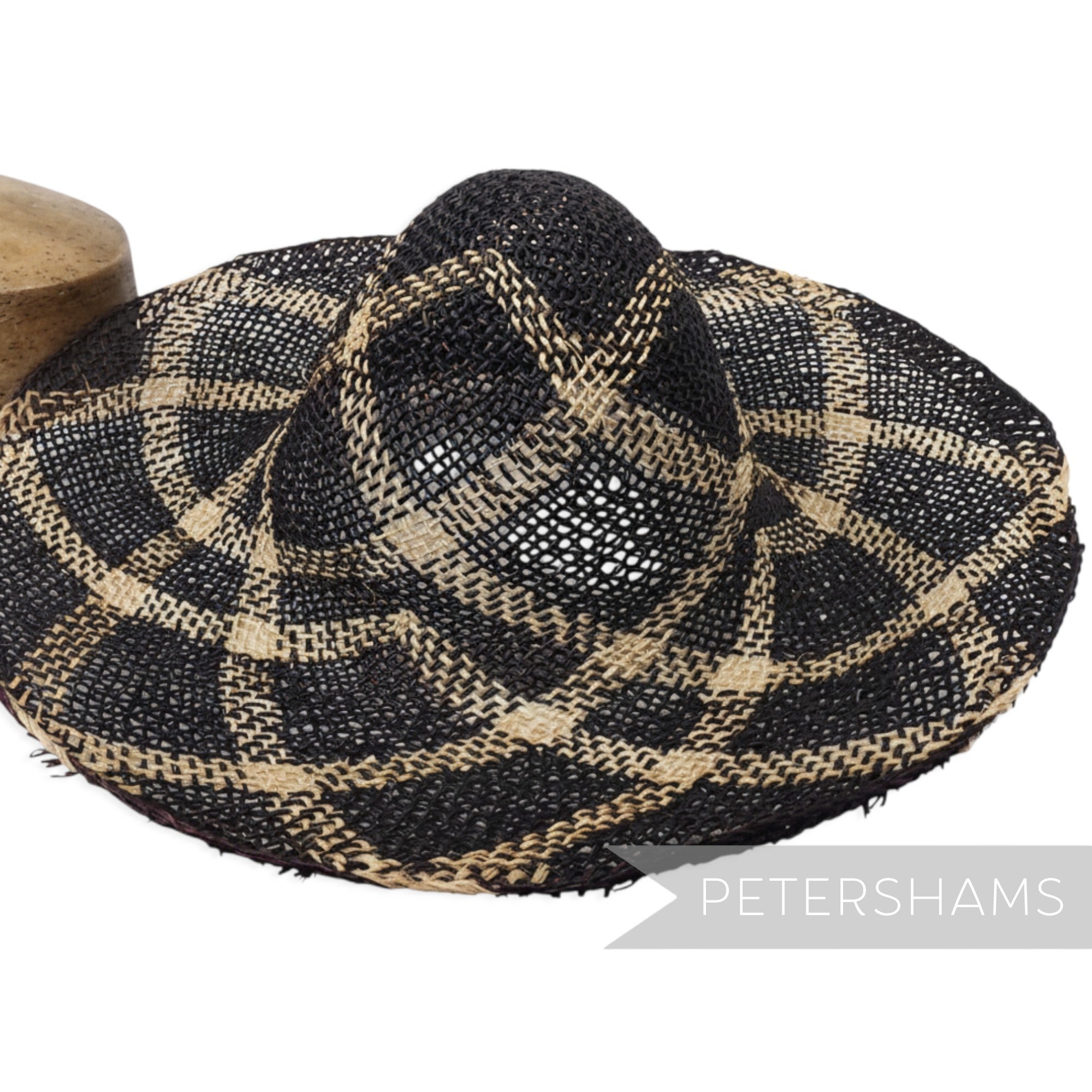 Petershams Millinery Supplies vintage charcoal and natural jute seagrass straw capeline with roulette curve pattern