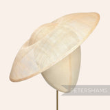 Petershams Millinery Supplies Charlotte 35cm extra large beige sinamay saucer fascinator hat base on mannequin head