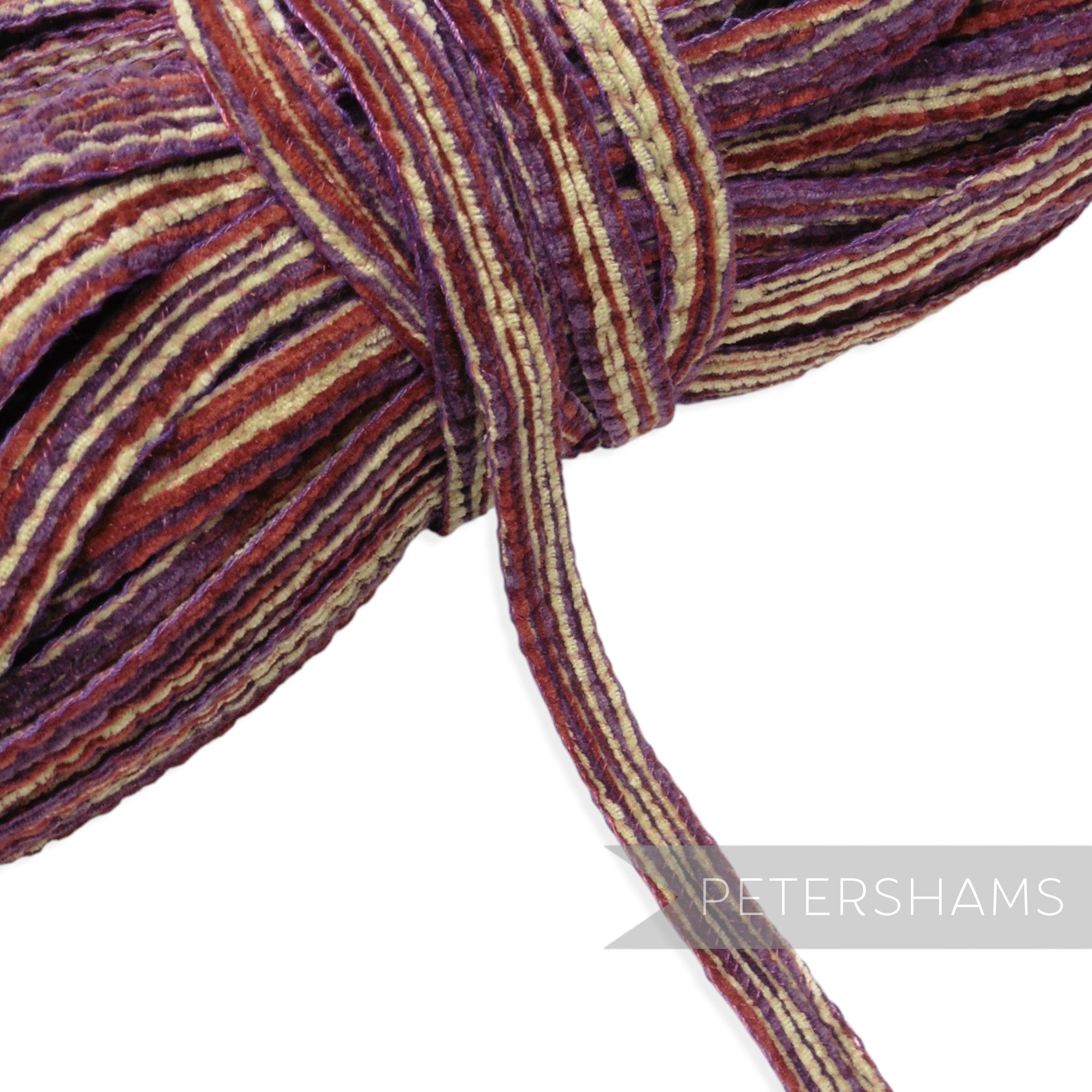 Petershams Millinery Supplies 15mm chenille threaded crin braid in a wavy purple and gold striped pattern.