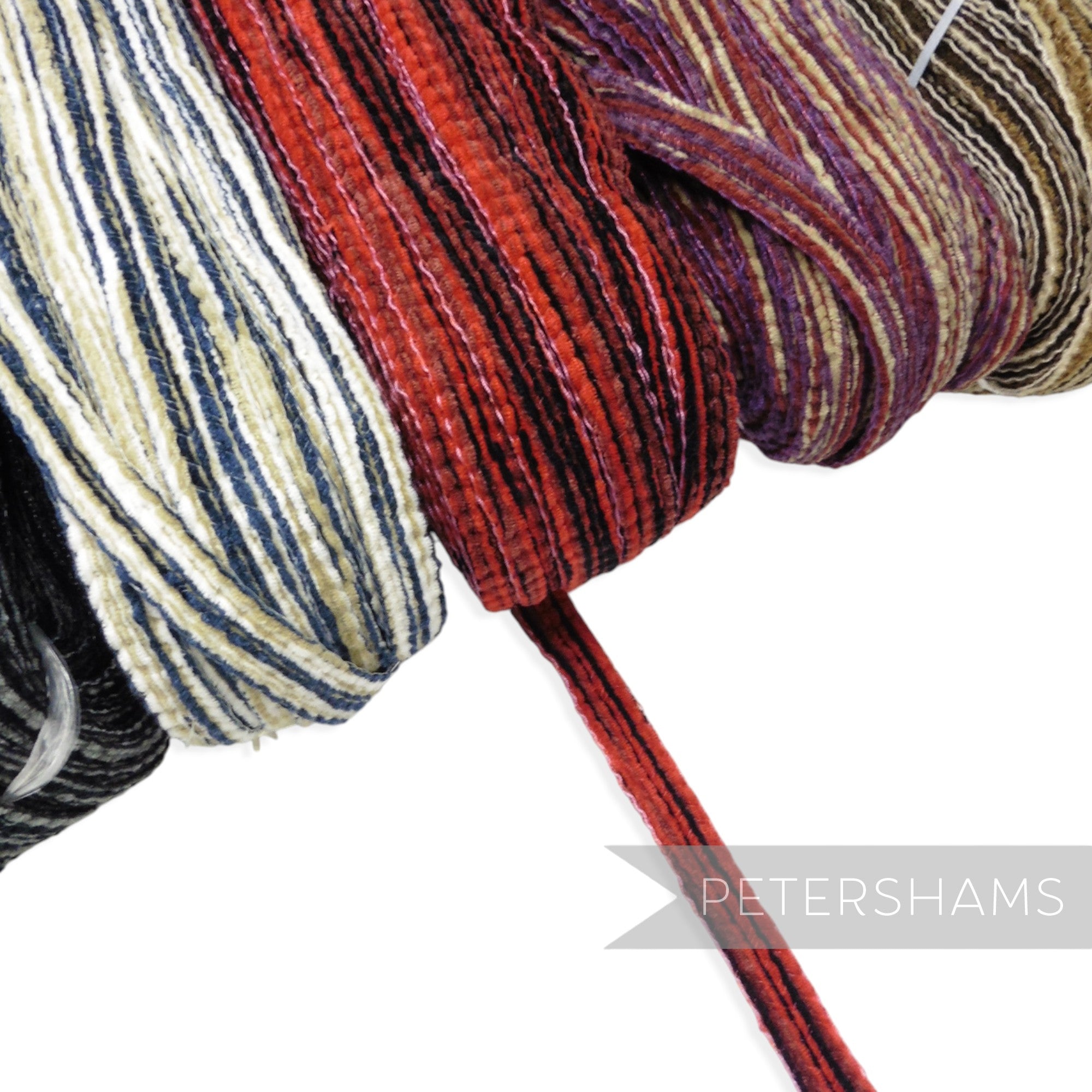 Petershams Millinery Supplies 15mm chenille threaded crin braid in various multi-coloured wavy patterns for hat making.