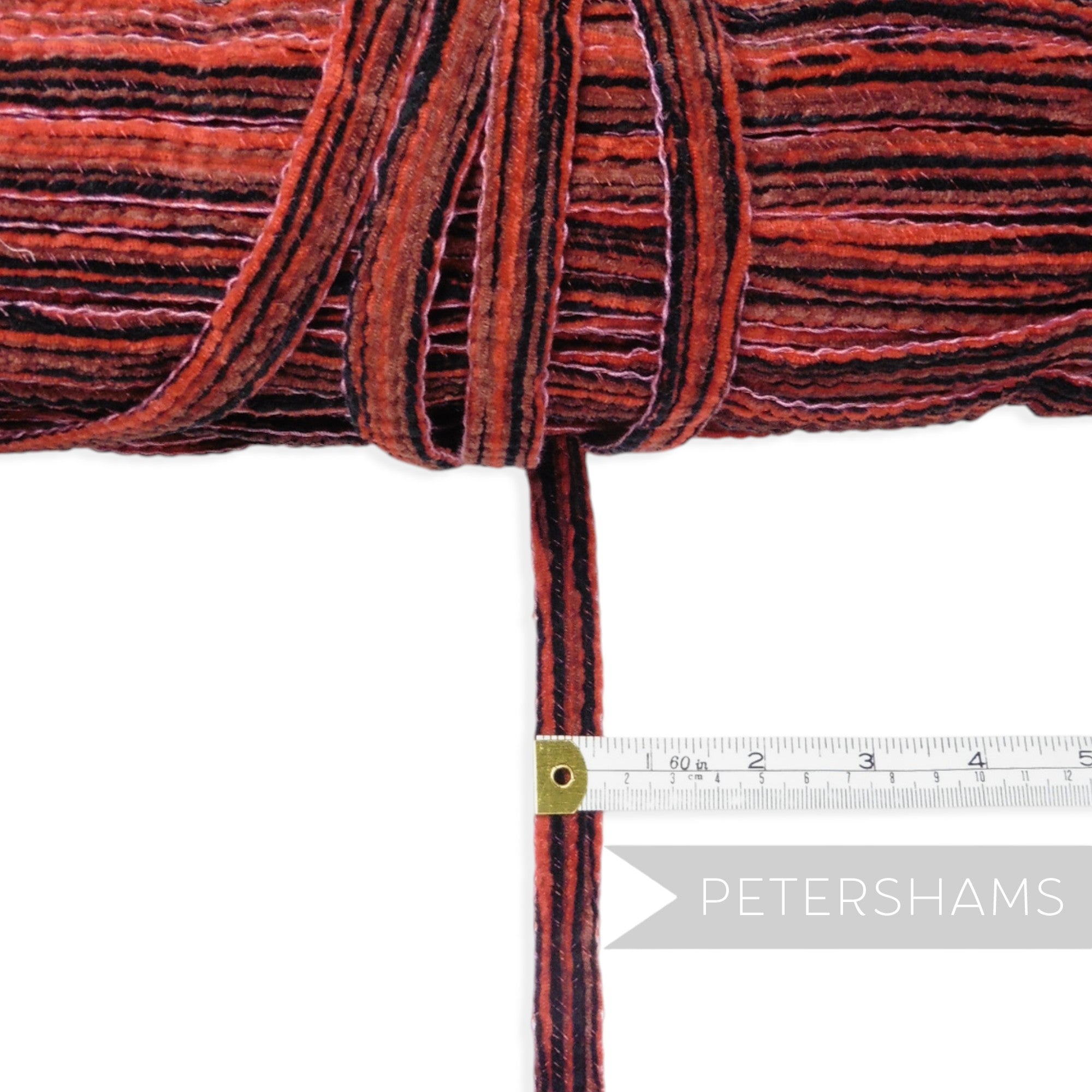 Petershams Millinery Supplies 15mm red and black striped chenille crin braid trim on a roll with measuring tape