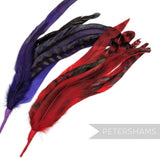 Petershams Millinery Supplies chinchilla full coque feather hat mounts in vibrant red and purple with striped patterns.