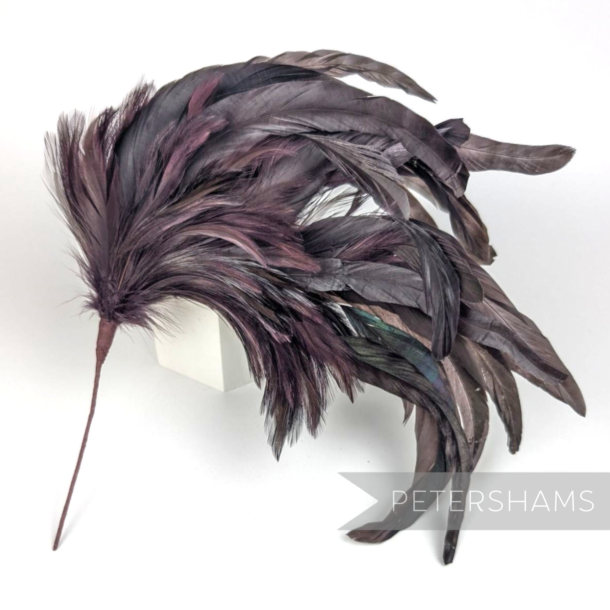 Petershams Millinery Supplies extra large dark purple chinchilla pattern coque and hackle feather hat mount