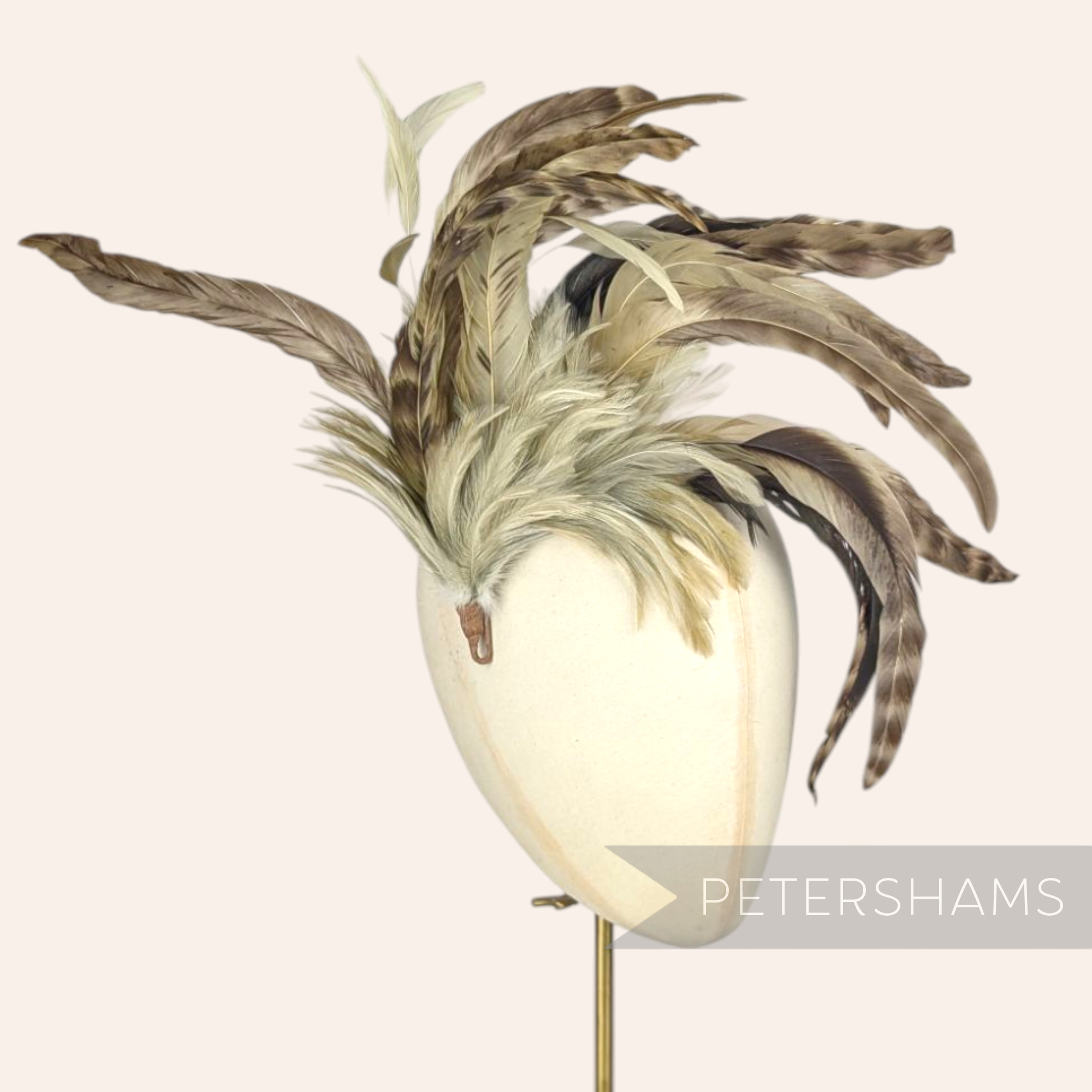Petershams Millinery Supplies extra large chinchilla pattern coque and hackle feather hat mount on a display head
