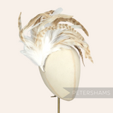Petershams Millinery Supplies extra large chinchilla pattern coque and hackle feather hat mount on a mannequin head