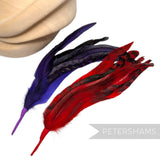 Petershams Millinery Supplies chinchilla full coque feather hat mounts in vibrant purple and red with striped patterns.