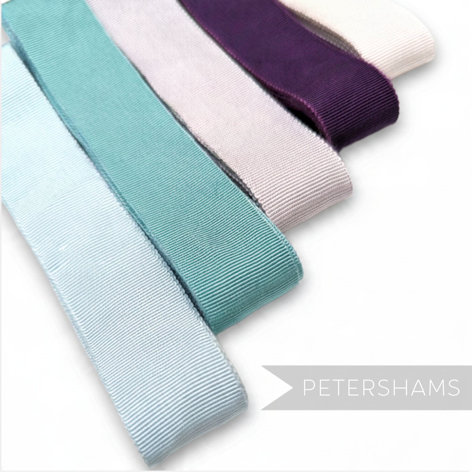 Petershams Millinery Supplies petersham ribbon multi-pack in cool tones including blue, teal, purple, and white.