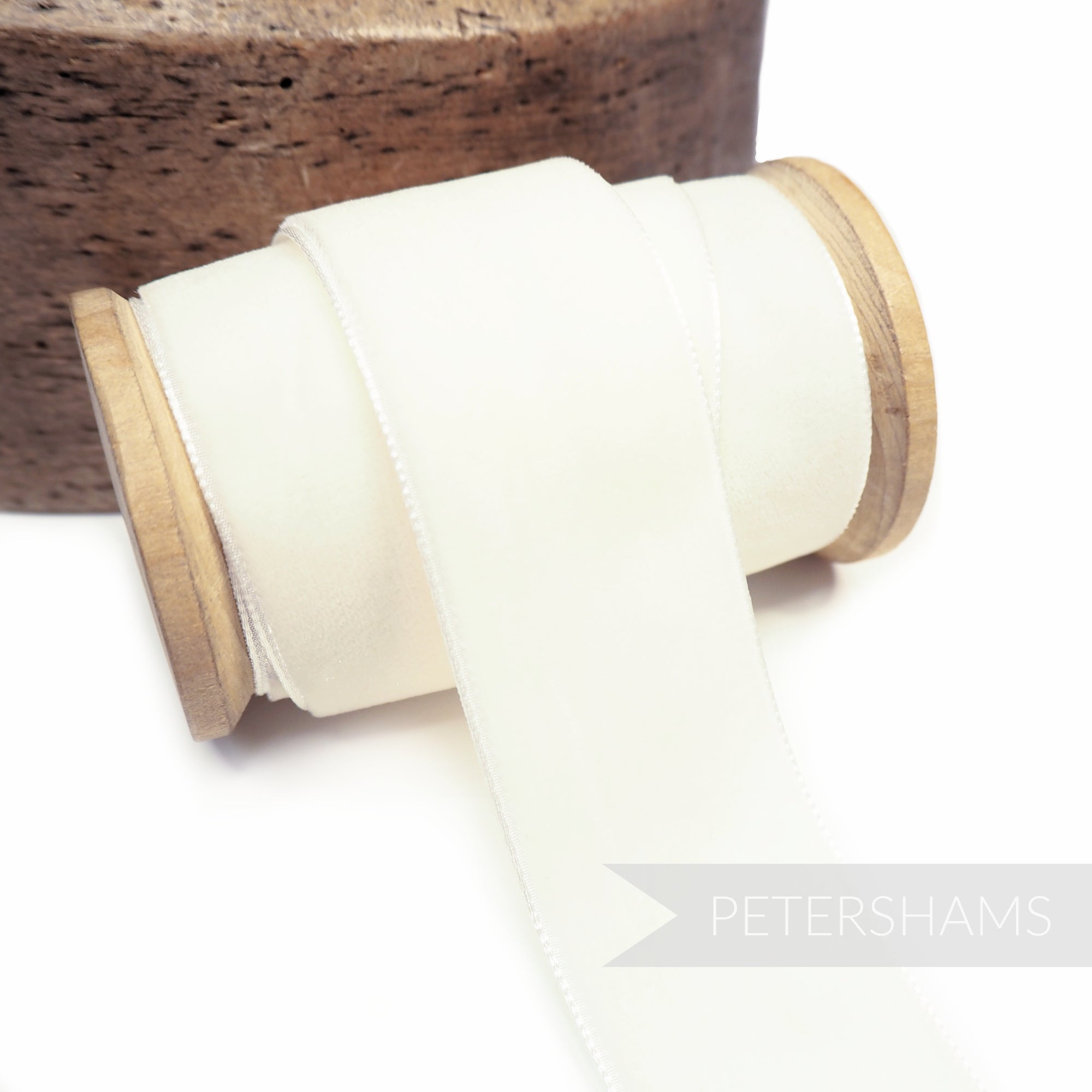Petershams Millinery Supplies 36mm ivory French velvet ribbon on a wooden spool for millinery and craft projects