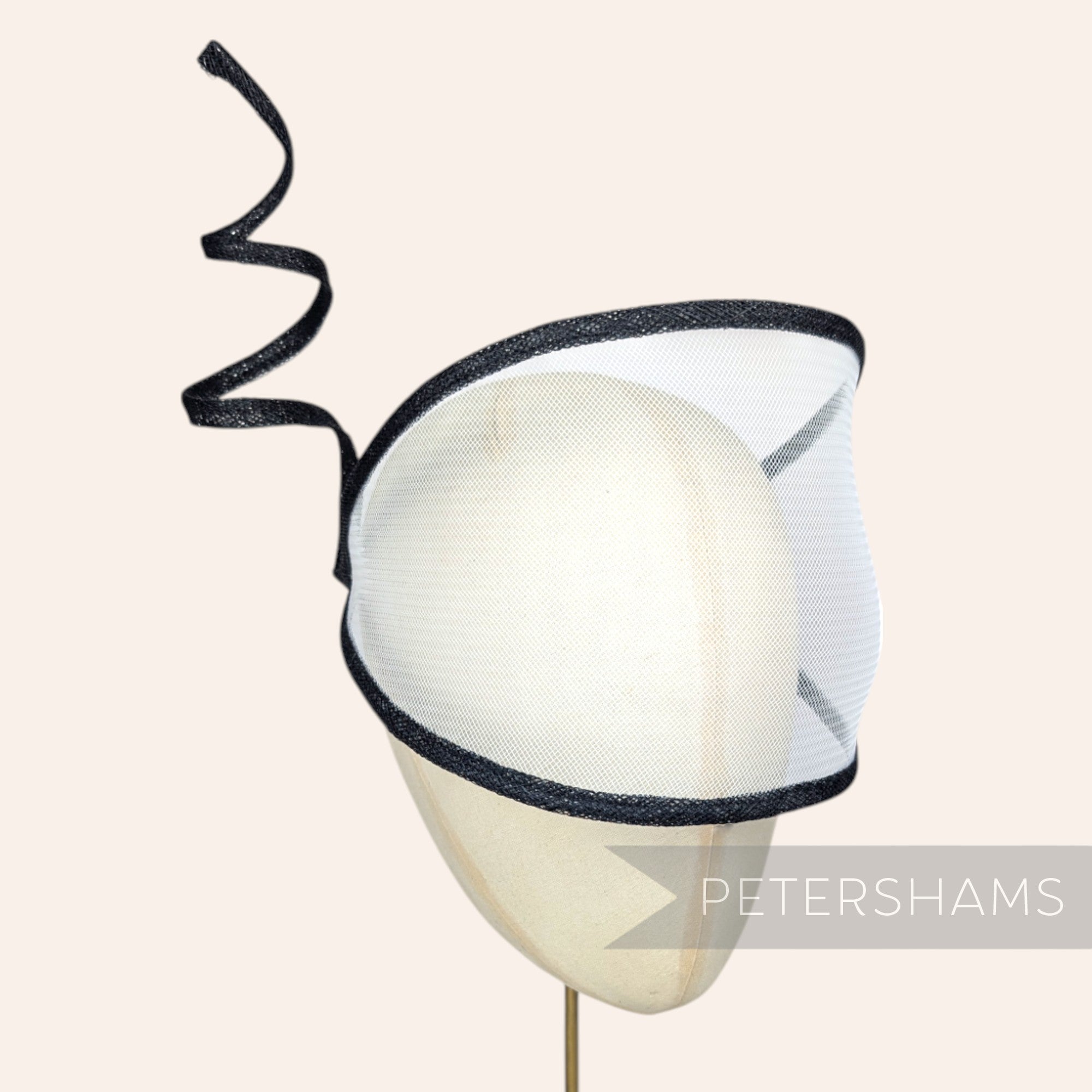 Petershams Millinery Supplies Astra crin and sinamay visor fascinator in white with a black wired spiral trim
