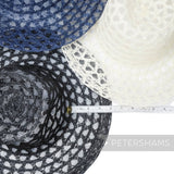 Petershams Millinery Supplies zig zag threaded crinoline capeline hat bodies in blue, white, and black with tape measure