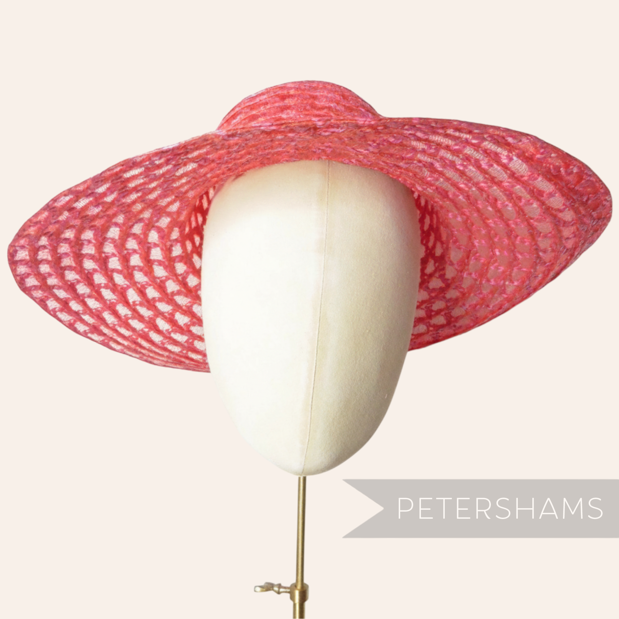Petershams Millinery Supplies tutti frutti zig zag threaded crinoline capeline hat body on a millinery display head