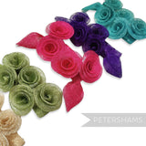 Petershams Millinery Supplies pack of 5 damaged sinamay Florence trims in assorted colours: pink, purple, teal, green, and beige.