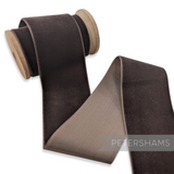 Petershams Millinery Supplies 50mm wide chocolate brown French velvet ribbon on a wooden spool with a luxurious sheen.