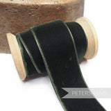 Petershams Millinery Supplies 36mm deep moss green French velvet ribbon on a wooden spool for craft and millinery projects