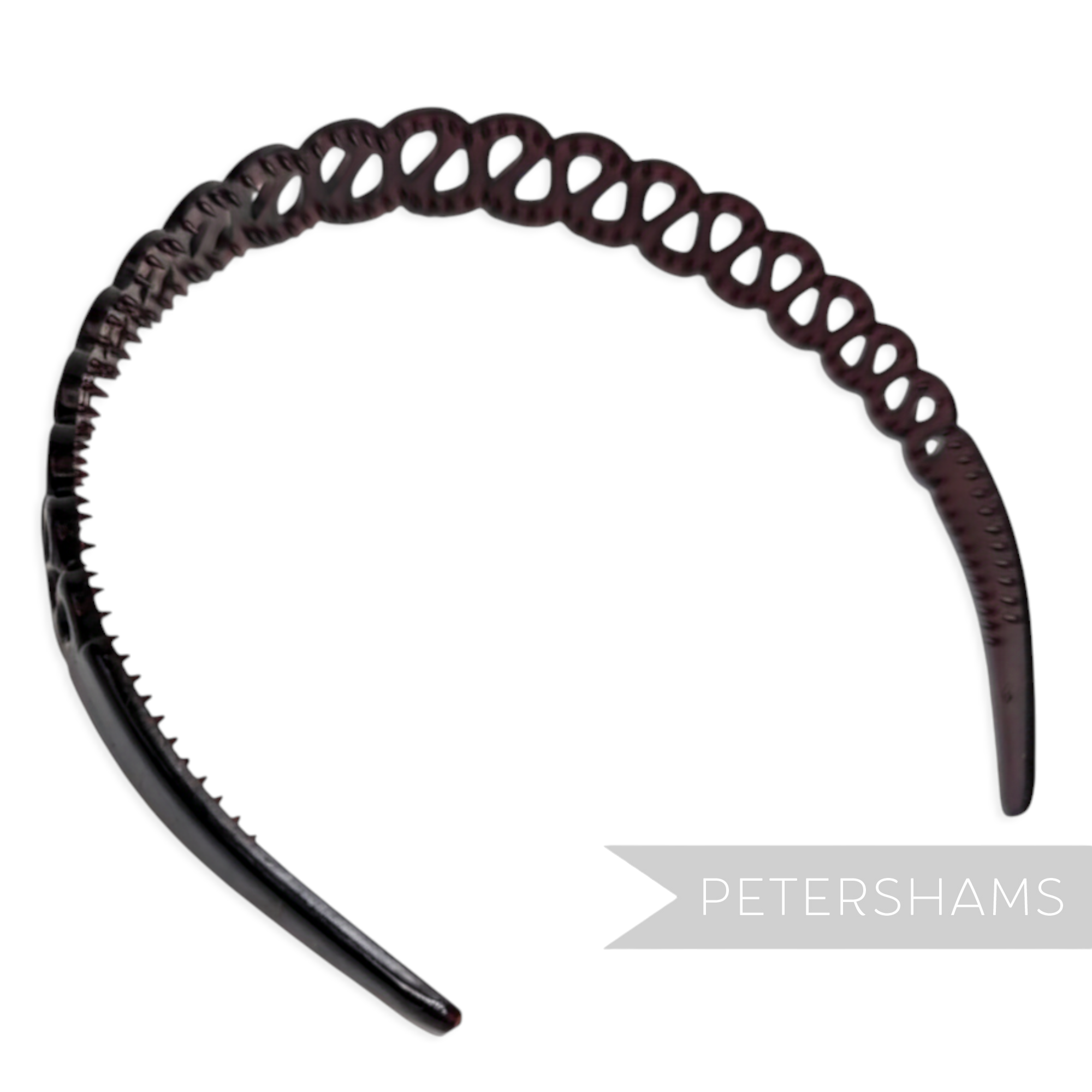 Petershams Millinery Supplies dark tortoise shell plastic headband with squiggle design and tooth grips for children.