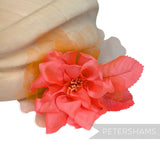 Petershams Millinery Supplies Dilliah dahlia hat mount with coral silk petals, organza layers, and wired leaves.
