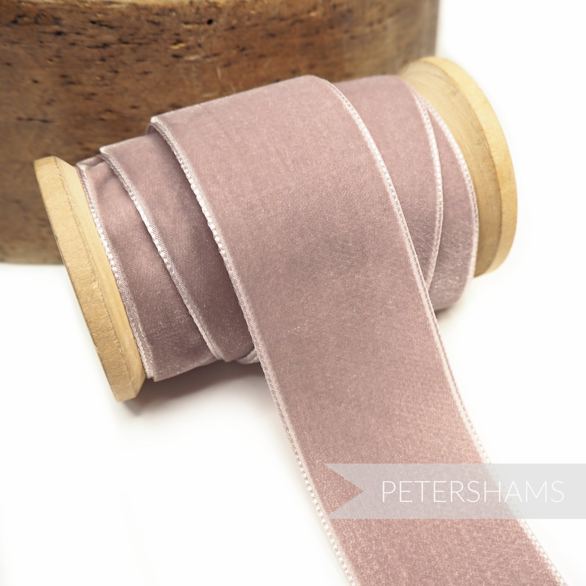Petershams Millinery Supplies 36mm dusky pink French nylon velvet ribbon on a wooden spool