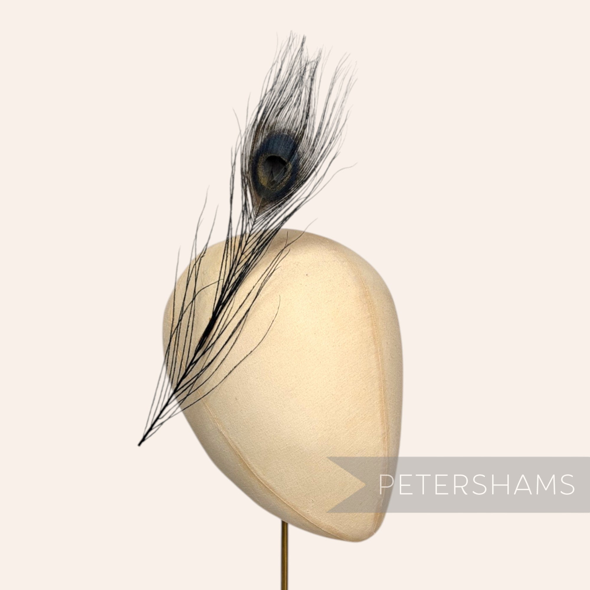 Petershams Millinery Supplies single dyed black peacock eye feather on a millinery head block for hat decoration