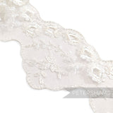 Petershams Millinery Supplies 80mm white tulle lace trim with embroidered eyelet, leaf spray, and scalloped edges.