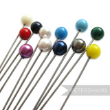 Petershams Millinery Supplies set of 12 extra long 9cm stainless steel hat pins with assorted coloured acrylic beads.
