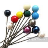Petershams Millinery Supplies set of 12 extra long 9cm stainless steel hat pins with assorted coloured acrylic beads.
