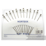 Petershams Millinery Supplies set of 12 extra long silver stainless steel hat pins, 9.5cm, with plain or decorative round heads.