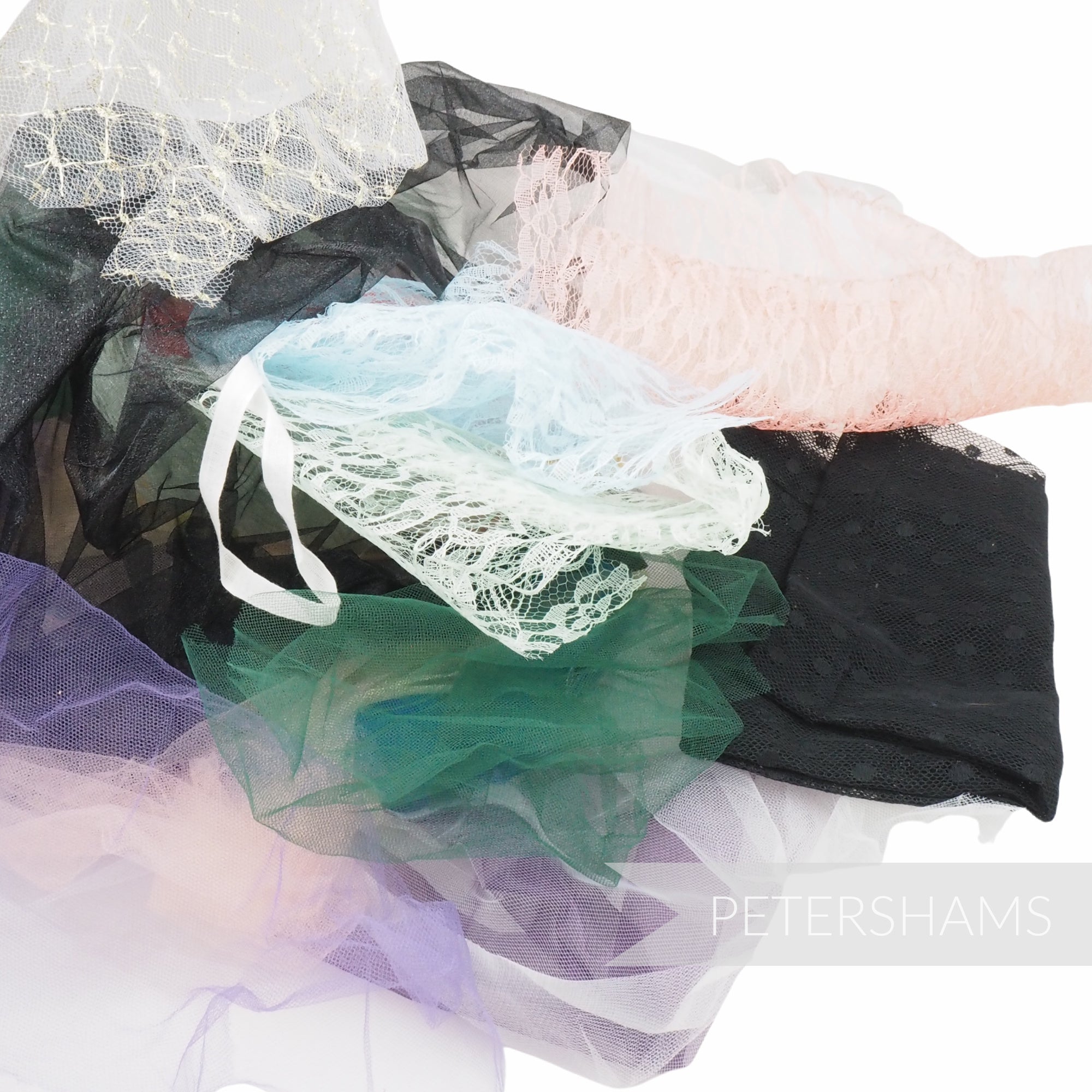 Petershams Millinery Supplies lucky dip pack of assorted tulle, organza, and lace netting remnants in various colours.