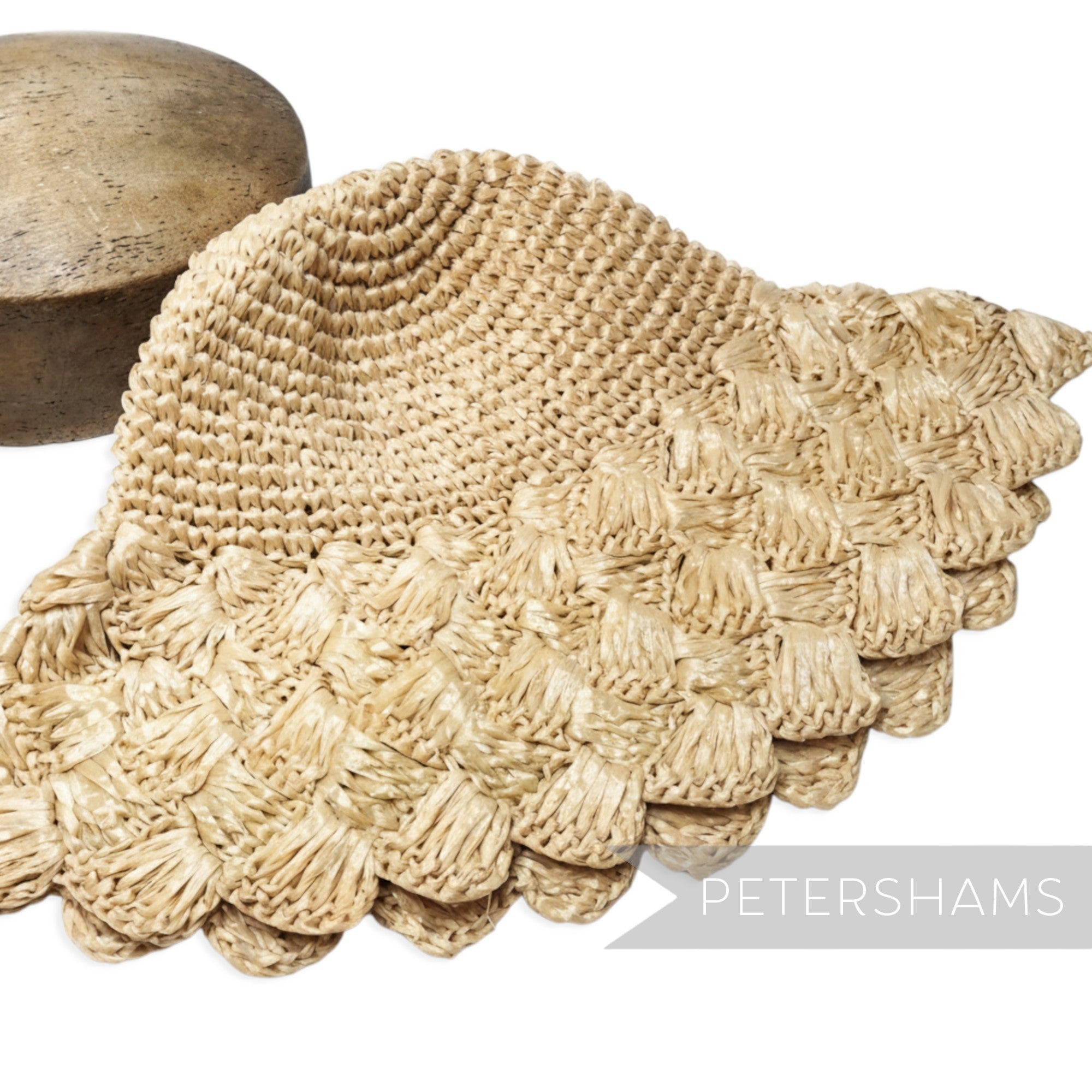 Petershams Millinery Supplies faux straw capeline hat body with a decorative scalloped edge in a natural raffia look