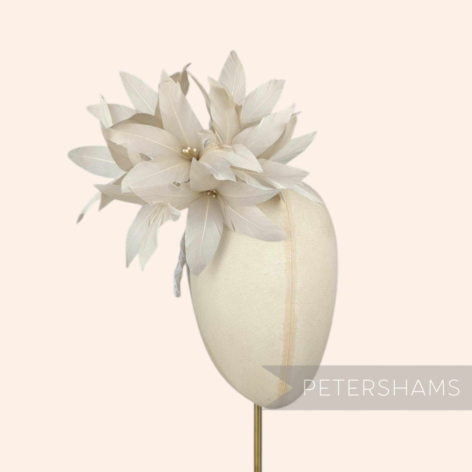 Petershams Millinery Supplies Kay large light beige goose feather pom flower hat mount with wired stamens