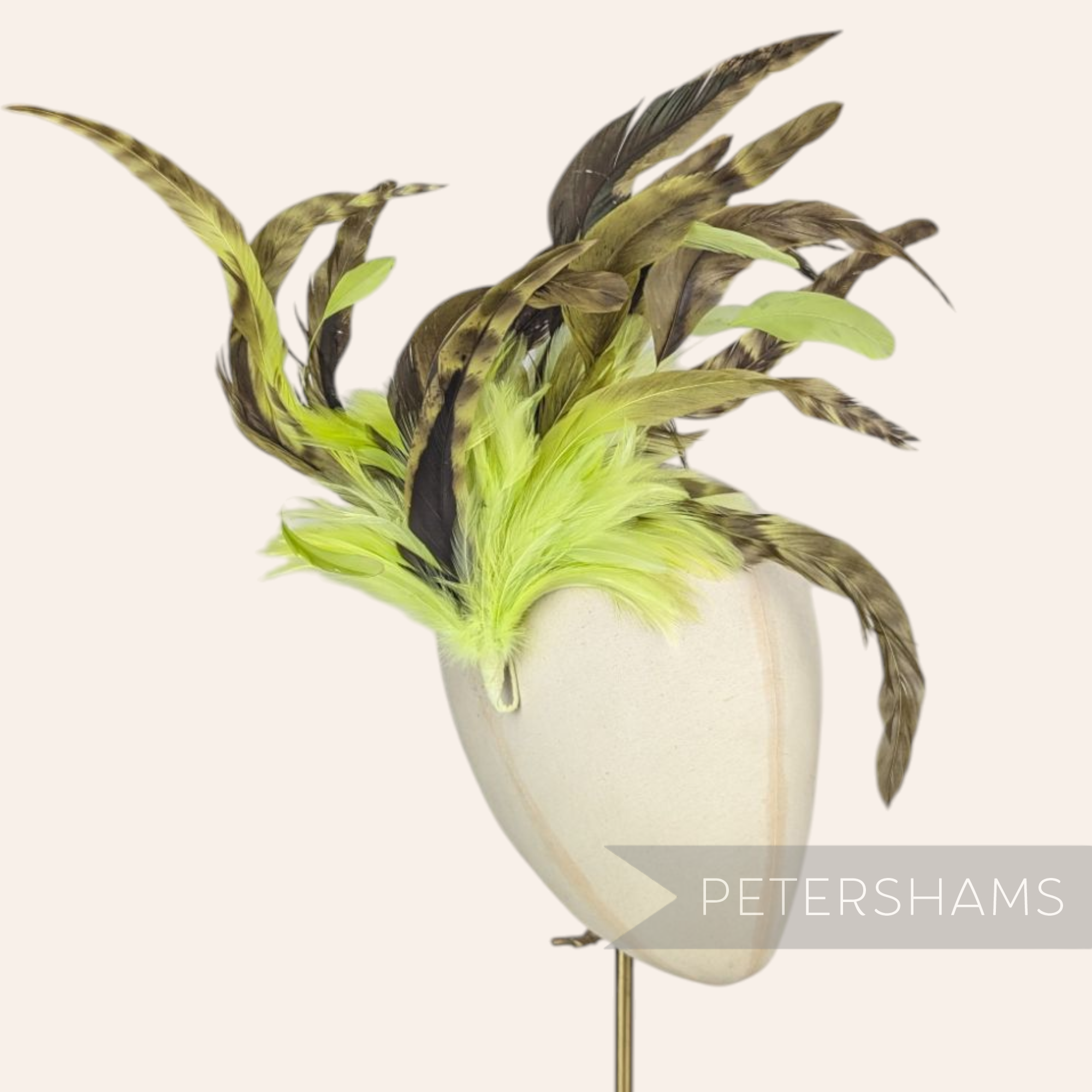 Petershams Millinery Supplies extra large feather hat mount with lime green and chinchilla pattern coque feathers
