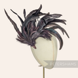 Petershams Millinery Supplies extra large feather hat mount featuring dark chinchilla pattern coque and hackle plumes.