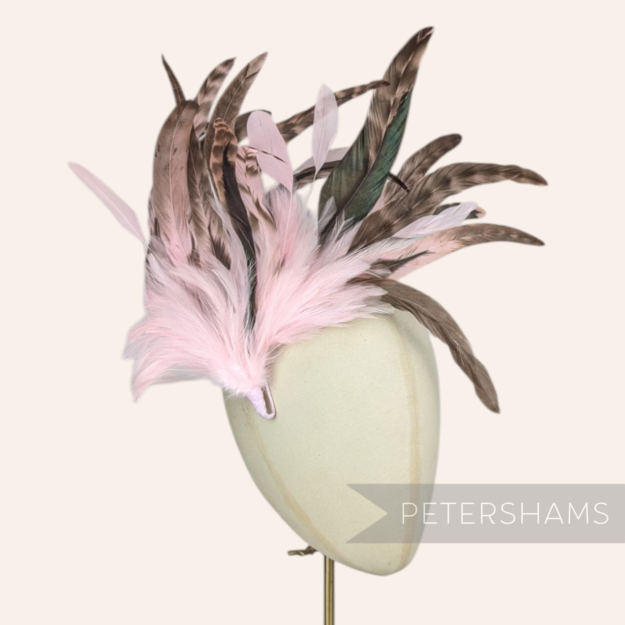 Petershams Millinery Supplies extra large feather hat mount with pink and brown chinchilla pattern coque and hackle