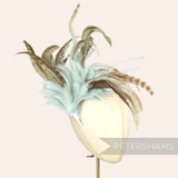 Petershams Millinery Supplies extra large feather hat mount with chinchilla pattern, stripped coque, and hackle feathers