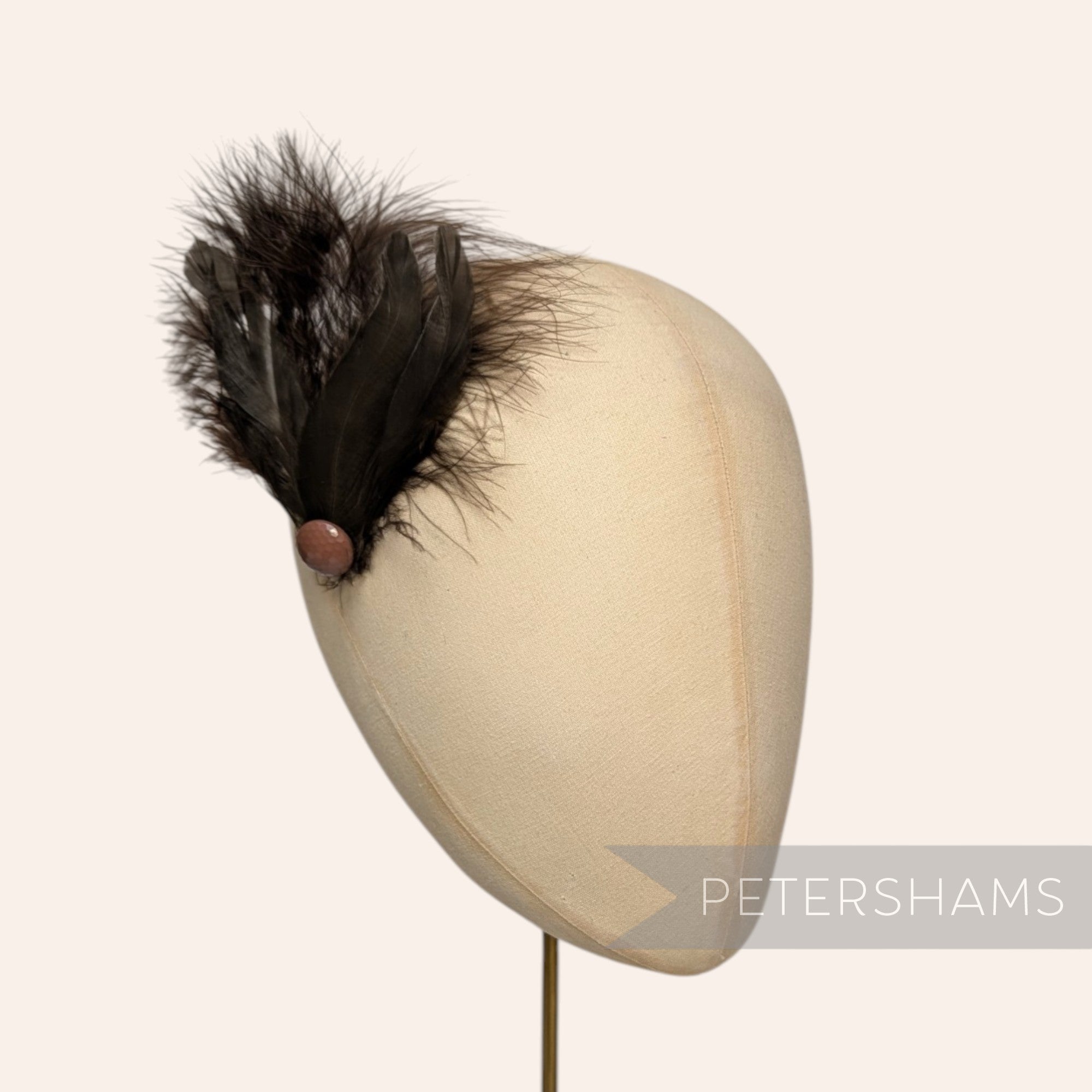 Petershams Millinery Supplies black marabou and coque feather hat mount with a faceted bead accent