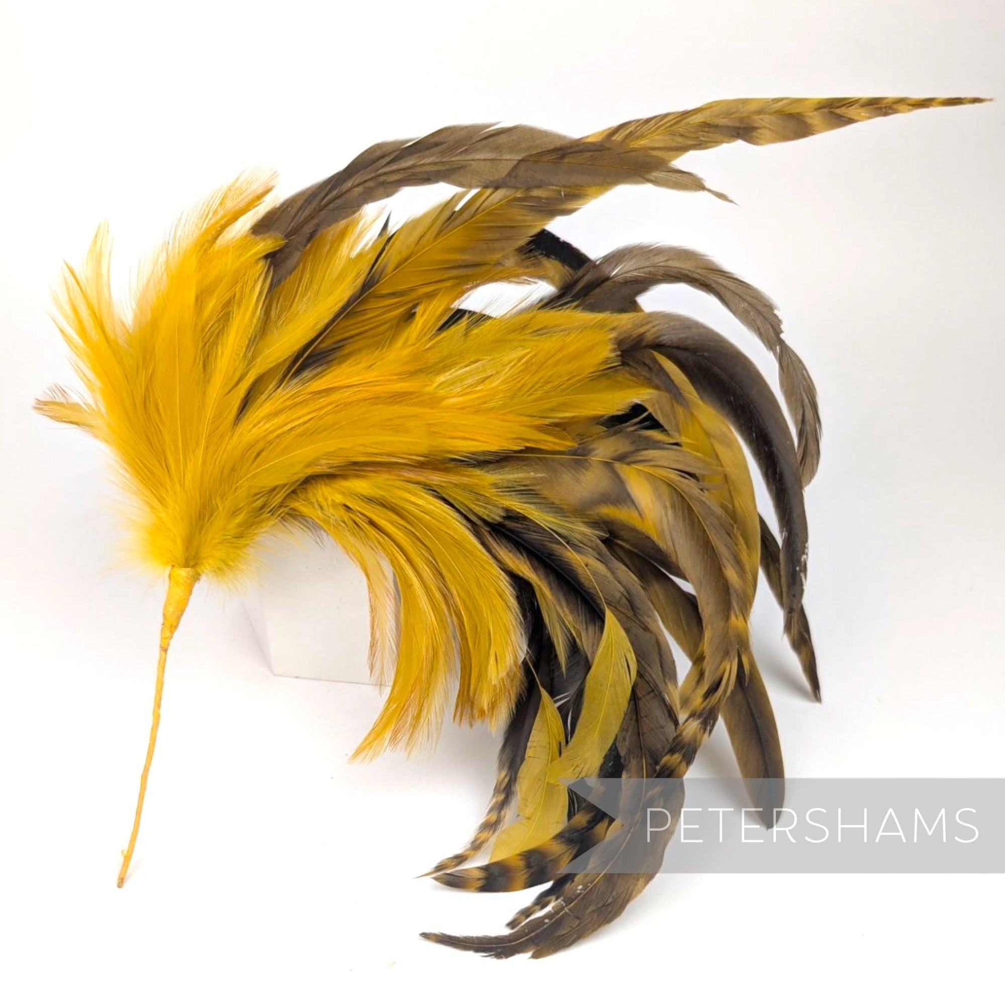 Petershams Millinery Supplies extra large feather hat mount with yellow and chinchilla pattern coque and hackle