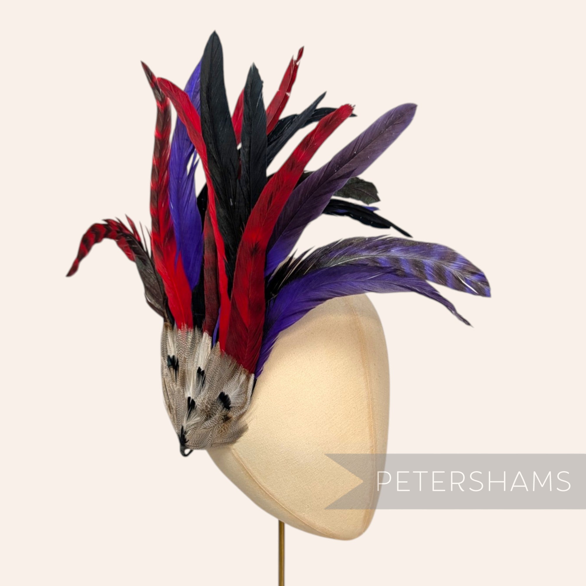 Petershams Millinery Supplies large feather hat mount featuring red, purple, and pheasant feathers