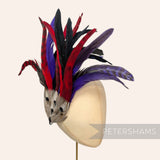 Petershams Millinery Supplies large feather hat mount featuring red, purple, and pheasant feathers