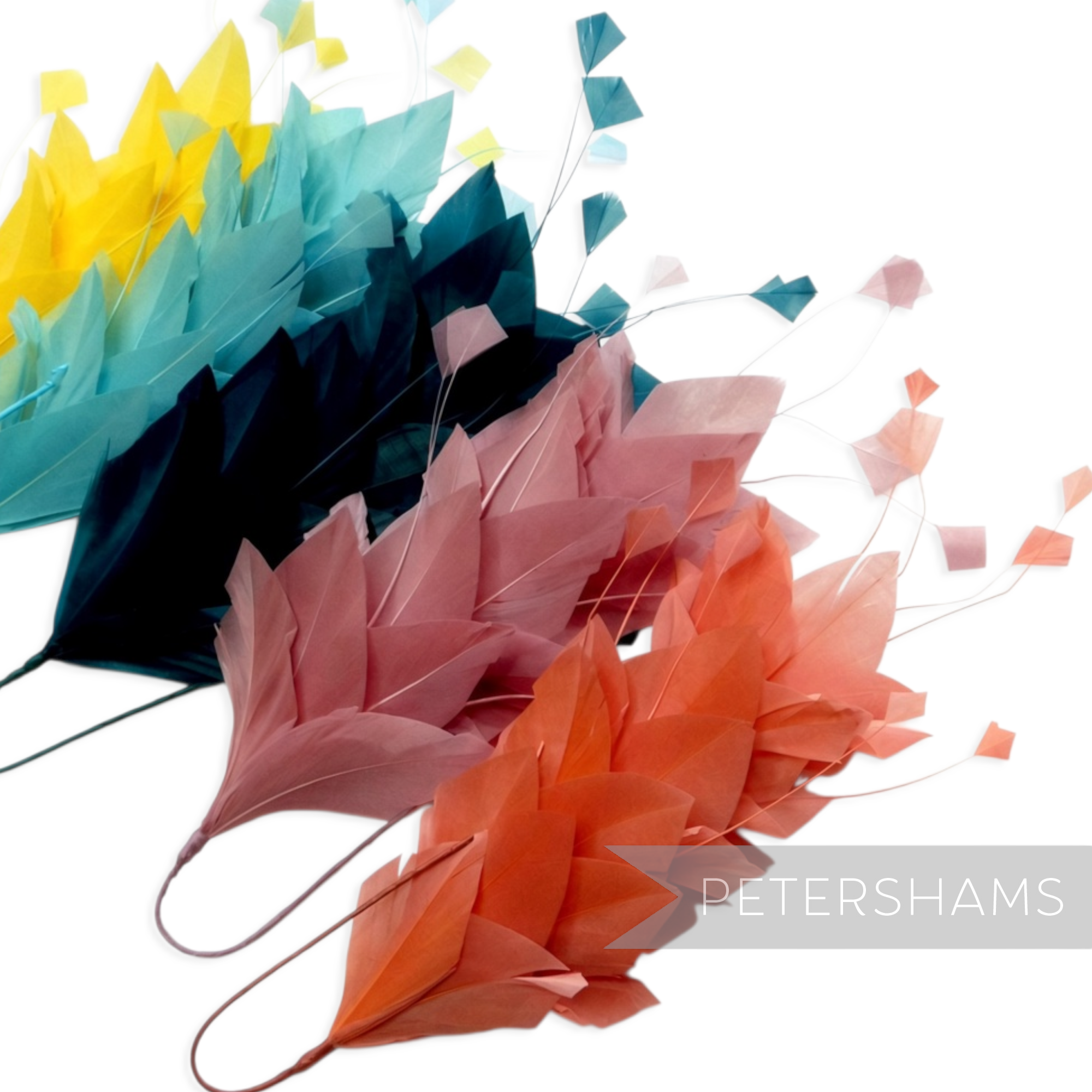 Petershams Millinery Supplies assorted coloured stripped diamond coque and goose feather hat mounts for millinery