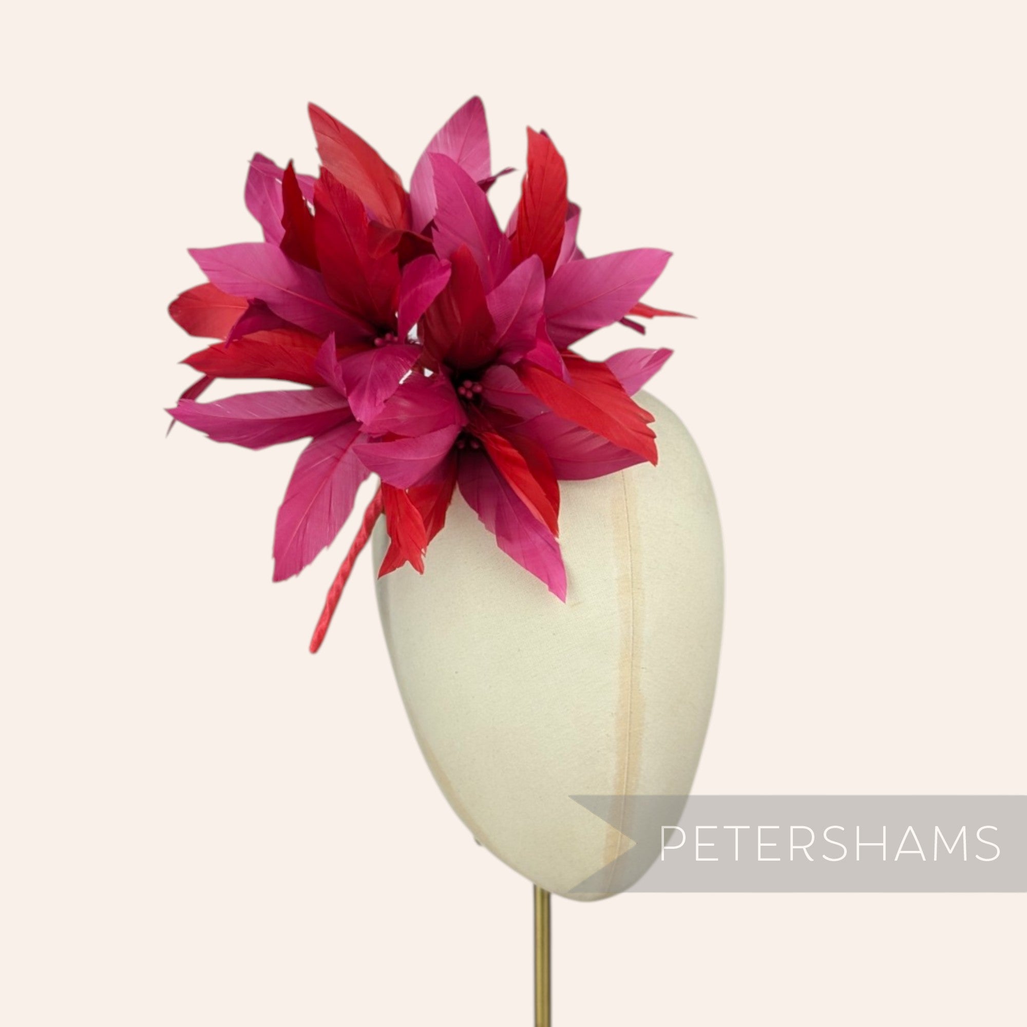 Petershams Millinery Supplies Kay large pink and red goose feather pom flower hat mount