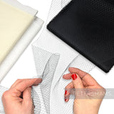 Petershams Millinery Supplies fine weave black veiling with 5mm diamond pattern and scalloped edge held by hands